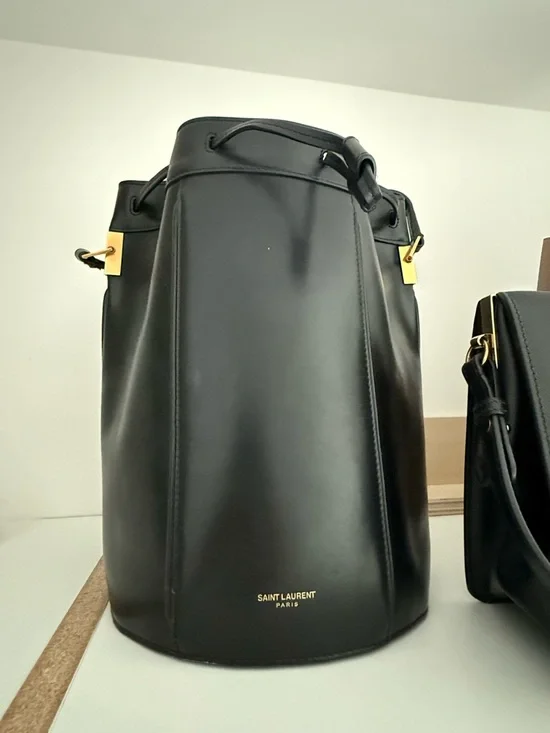 Saint Laurent Black Leather Drawstring Bucket Bag with Gold Hardware - Picture 1 of 2
